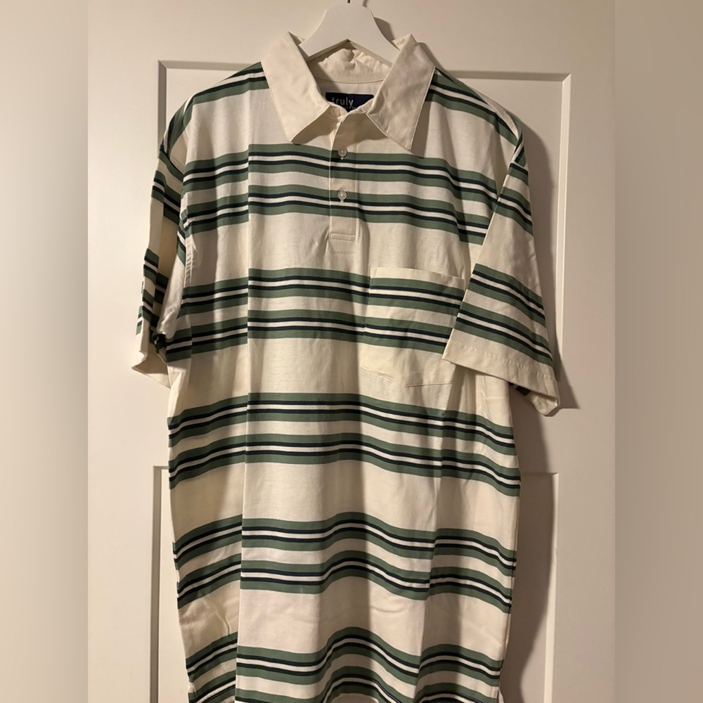 TRULY Men's Polo Shirt with Cream and Green Stripes NWT